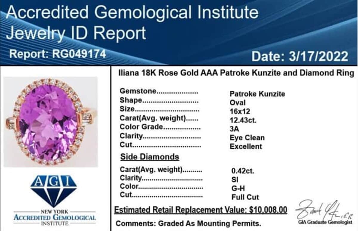 Certified and Appraised Iliana 18K Rose Gold AAA Patroke Kunzite and G-H SI Diamond Halo Ring (Size 9.0) 5.40 Grams 12.80 ctw image number 6