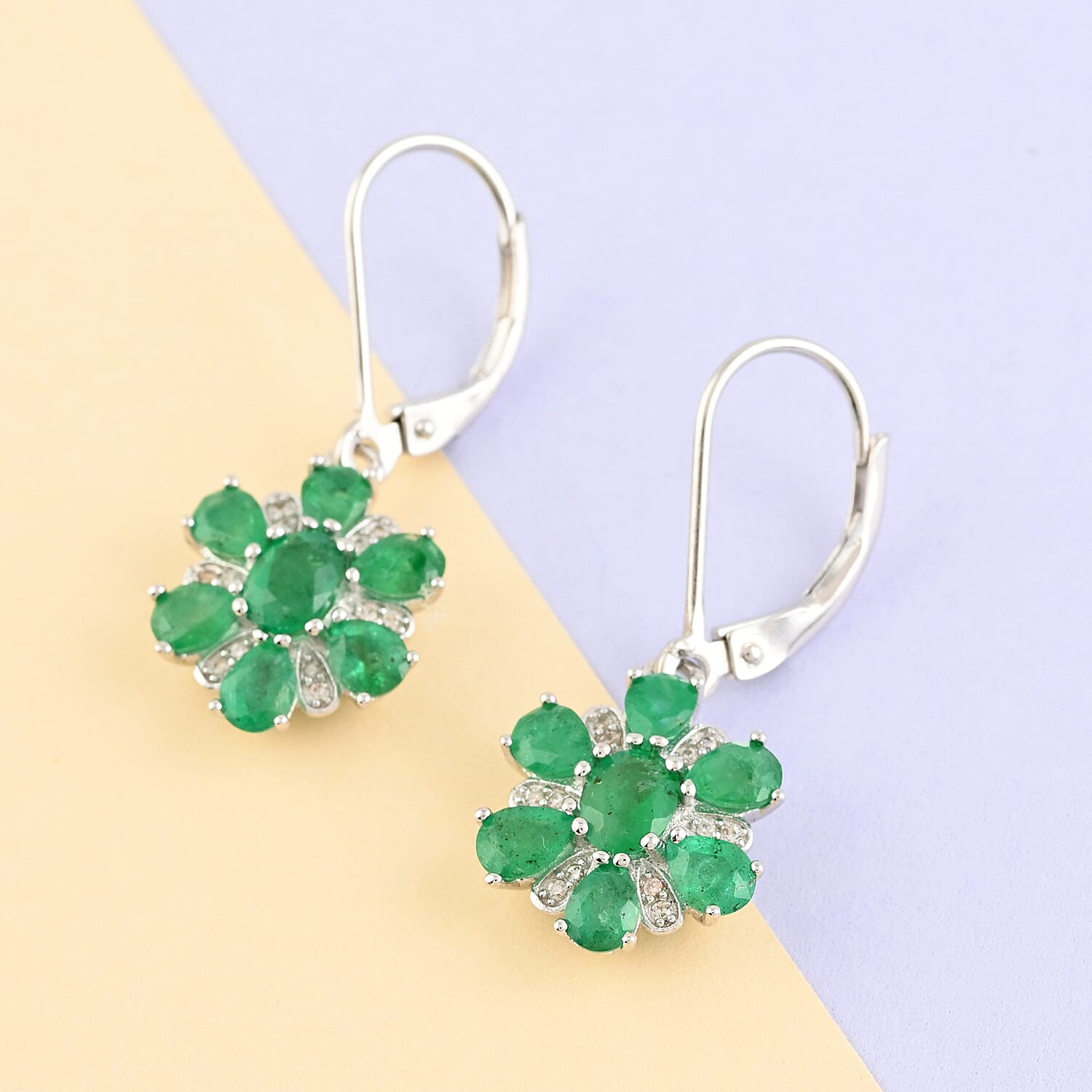 AAA Kagem Emerald and Natural White Zircon Flower Earrings in Rhodium Over Sterling Silver 2.50 ctw