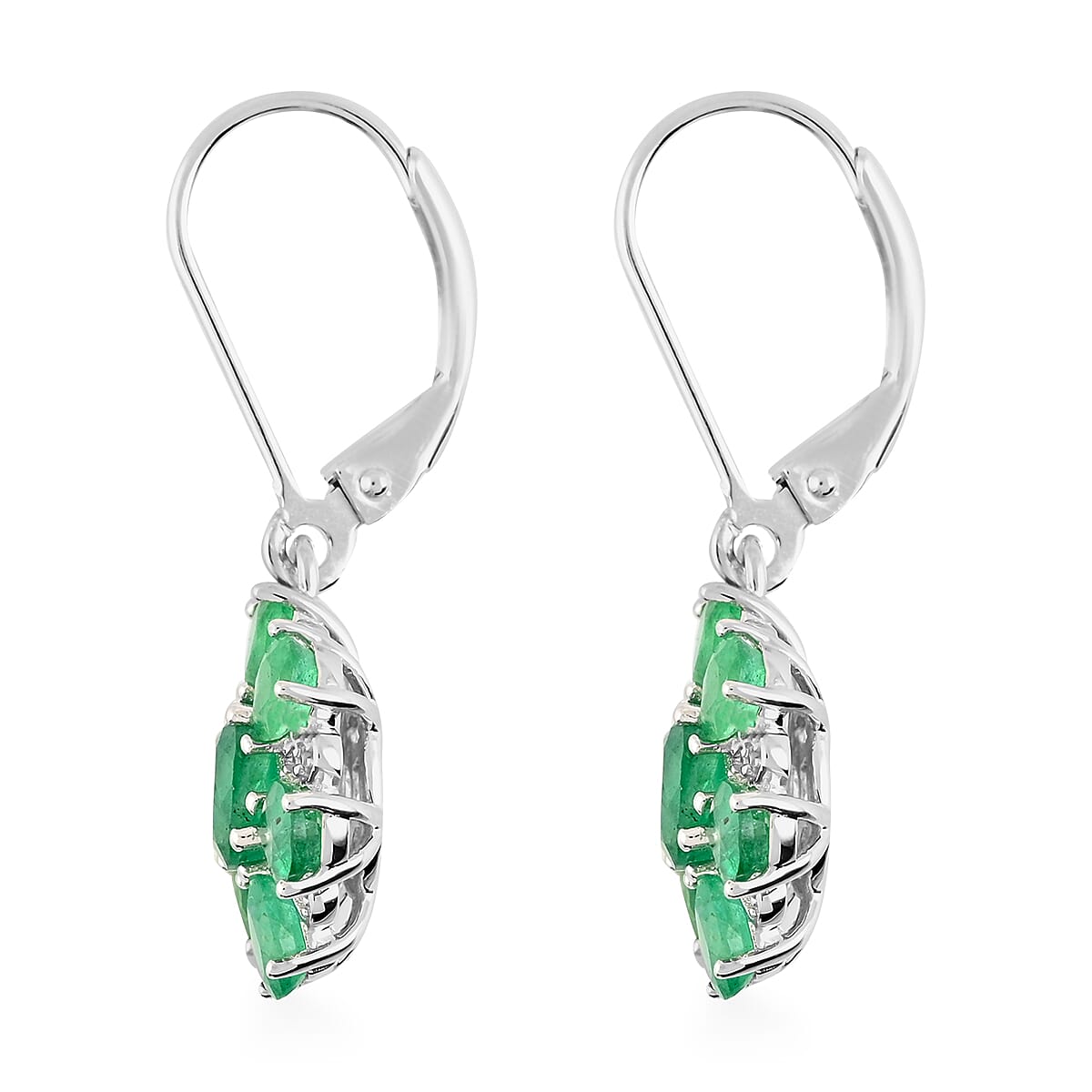 AAA Kagem Emerald and Natural White Zircon Flower Earrings in Rhodium Over Sterling Silver 2.50 ctw