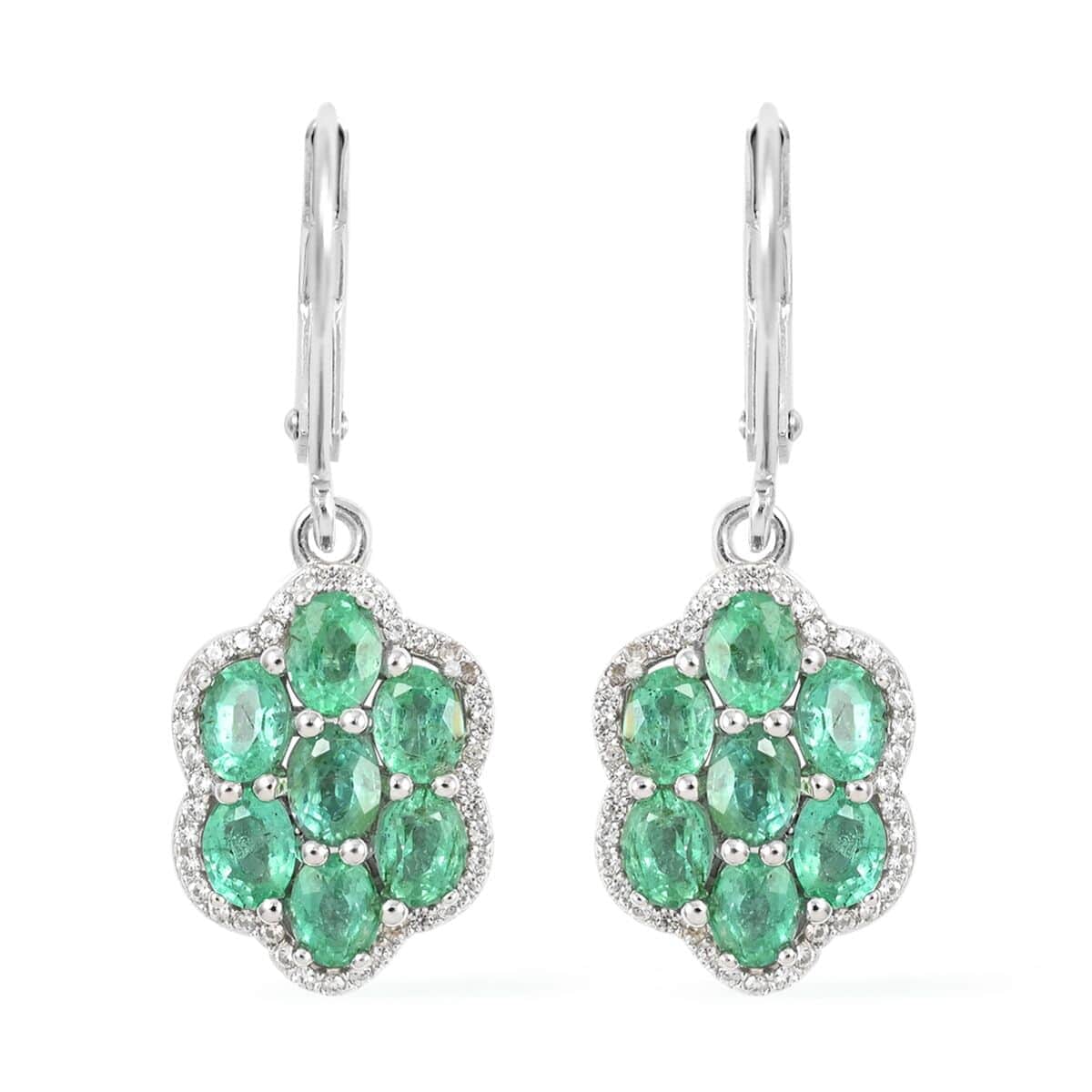 AAA Kagem Emerald and White Zircon Flower Earrings in Rhodium Over Sterling Silver 2.50 ctw image number 0