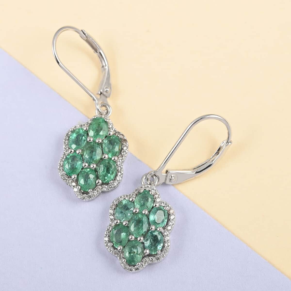 AAA Kagem Emerald and White Zircon Flower Earrings in Rhodium Over Sterling Silver 2.50 ctw image number 1