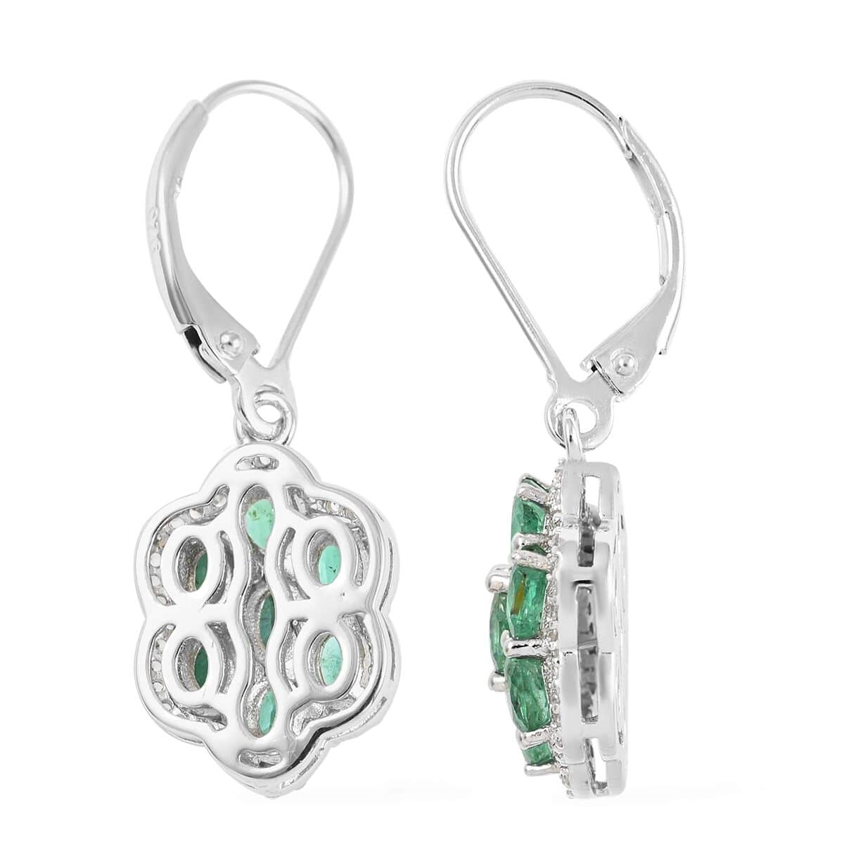 AAA Kagem Emerald and White Zircon Flower Earrings in Rhodium Over Sterling Silver 2.50 ctw image number 3