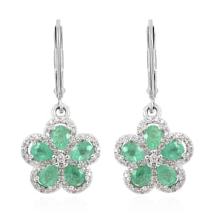 AAA Kagem Emerald and White Zircon Floral Earrings in Rhodium Over Sterling Silver 2.00 ctw