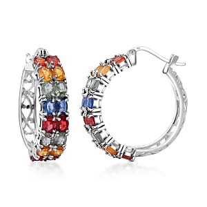 Multi Sapphire Hoop Earrings in Platinum Over Sterling Silver 7.65 ctw