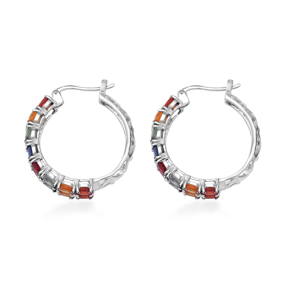 Multi Sapphire Hoop Earrings in Platinum Over Sterling Silver 7.65 ctw image number 2