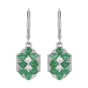 AAA Kagem Emerald and White Zircon Dangle Earrings in Rhodium Over Sterling Silver 3.10 ctw