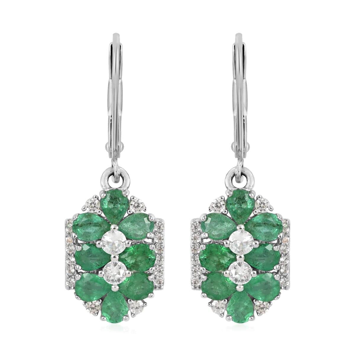 AAA Kagem Emerald and White Zircon Dangle Earrings in Rhodium Over Sterling Silver 3.10 ctw image number 0