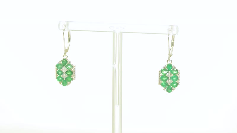 AAA Kagem Emerald and White Zircon Dangle Earrings in Rhodium Over Sterling Silver 3.10 ctw