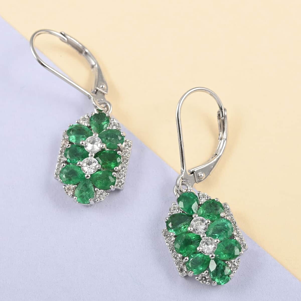 AAA Kagem Emerald and White Zircon Dangle Earrings in Rhodium Over Sterling Silver 3.10 ctw image number 1