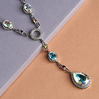 Mercury Mystic Topaz and Multi Gemstone Station Necklace 18 Inches in Platinum Over Sterling Silver 18.10 ctw
