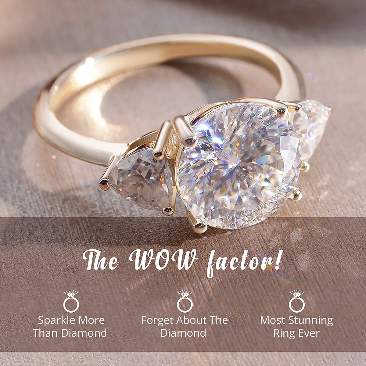 Luxoro 120 Facet Moissanite 4.40 ctw Trilogy Ring in 10K Yellow Gold, 3 Stone Engagement Ring For Women, Promise Rings (Size 8.0) image number 1