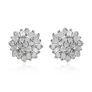 Diamond Earrings, Diamond Floral Stud Earrings, Floral Cluster Earrings, Platinum Over Sterling Silver Earrings, Diamond Gifts For Her 0.25 ctw
