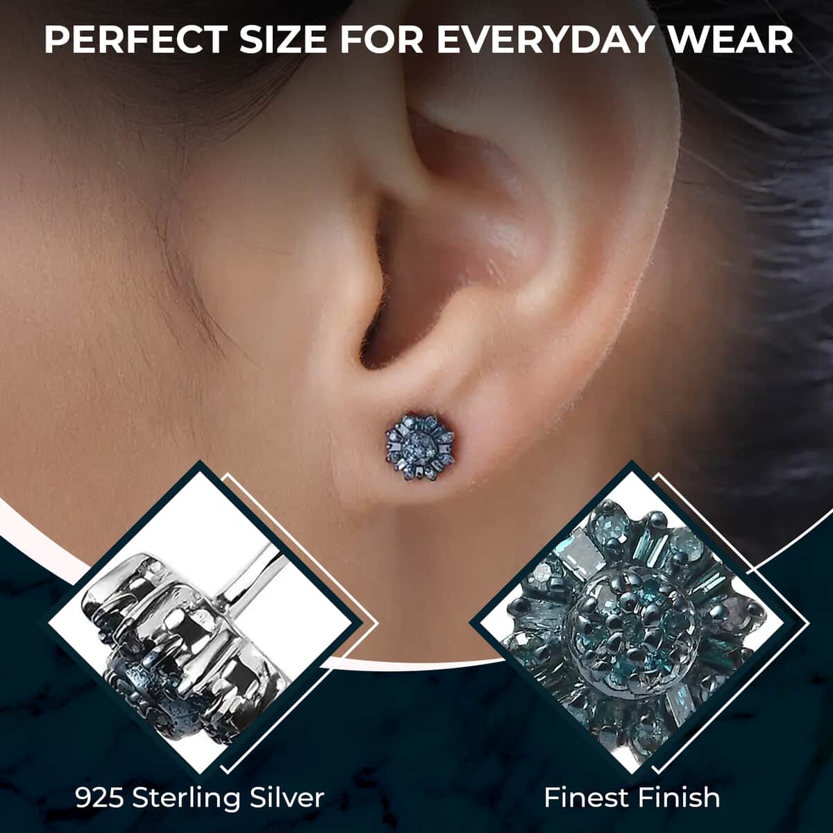 Blue Diamond Earrings, Diamond Floral Stud Earrings, Floral Cluster Earrings, Rhodium and Platinum Over Sterling Silver Earrings, Diamond Gifts For Her 0.25 ctw image number 2