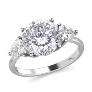 10K White Gold 120 Facet Moissanite Trilogy Ring, Three Stone Engagement Ring For Women, Promise Rings 4.40 ctw (Size 10.0)