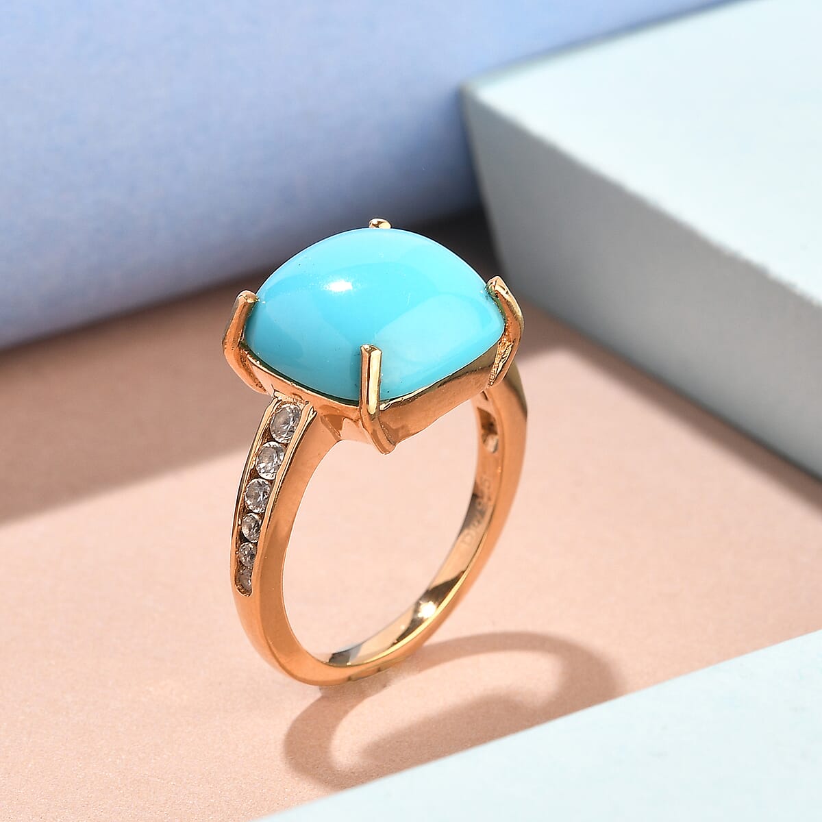 Sleeping Beauty Turquoise and Natural White Zircon Ring in Vermeil Yellow Gold Over Sterling Silver (Size 6.0) 5.85 ctw image number 1