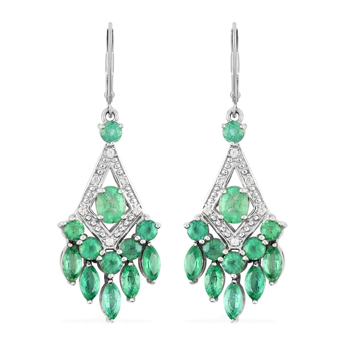 AAA Kagem Emerald and White Zircon Chandelier Earrings in Rhodium Over Sterling Silver 3.30 ctw image number 0