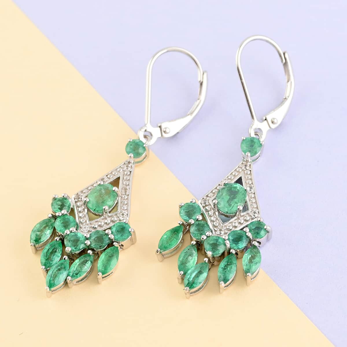 AAA Kagem Emerald and White Zircon Chandelier Earrings in Rhodium Over Sterling Silver 3.30 ctw image number 1