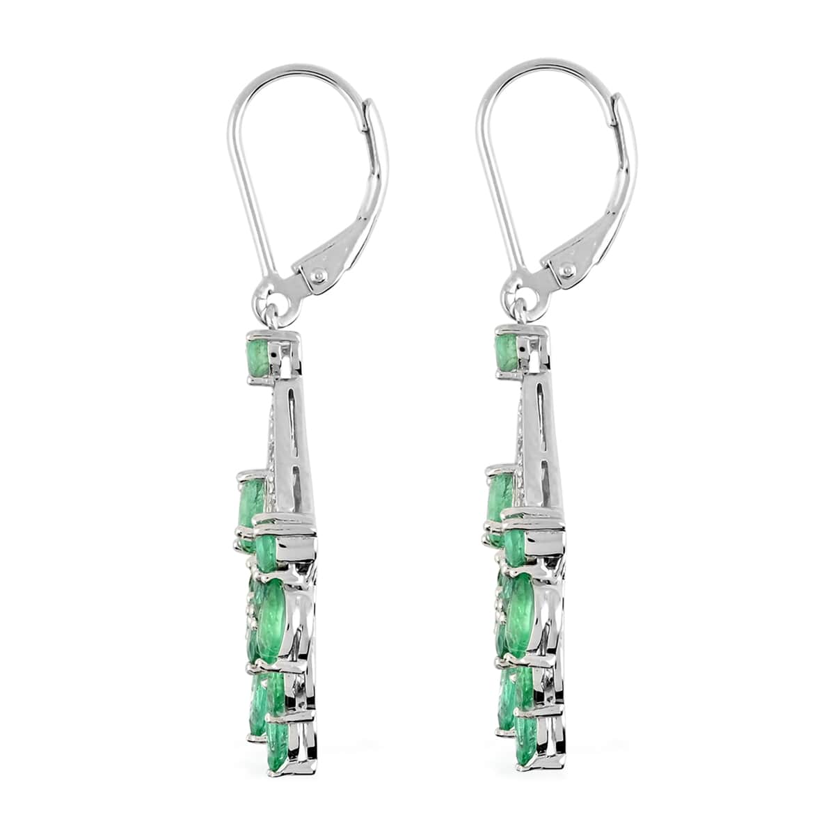 AAA Kagem Emerald and White Zircon Chandelier Earrings in Rhodium Over Sterling Silver 3.30 ctw image number 3