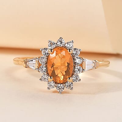 Jalisco Fire Opal and Natural White Zircon Sunburst Ring in Vermeil Yellow Gold Over Sterling Silver (Size 10.0) 1.20 ctw