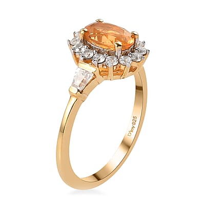 Jalisco Fire Opal and Natural White Zircon Sunburst Ring in Vermeil Yellow Gold Over Sterling Silver (Size 10.0) 1.20 ctw