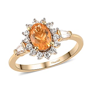 Jalisco Fire Opal and Natural White Zircon Sunburst Ring in Vermeil Yellow Gold Over Sterling Silver (Size 6.0) 1.20 ctw