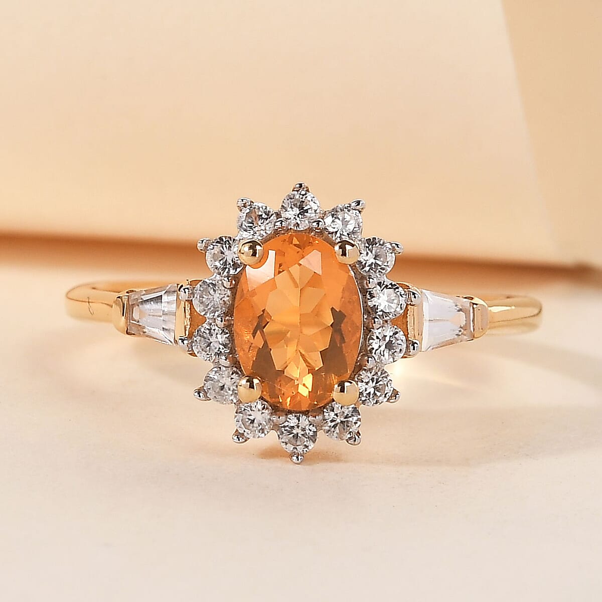 Jalisco Fire Opal and Natural White Zircon Sunburst Ring in Vermeil Yellow Gold Over Sterling Silver (Size 6.0) 1.20 ctw image number 1