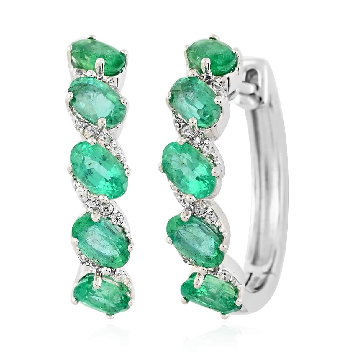 AAA Kagem Zambian Intense Green Emerald and Natural White Zircon Hoop Earrings in Rhodium Over Sterling Silver 2.35 ctw image number 0