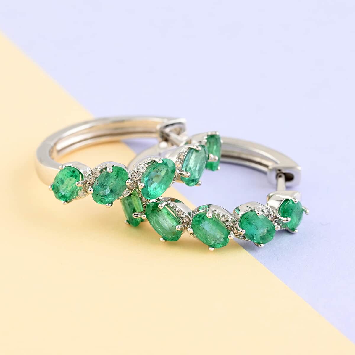 AAA Kagem Zambian Intense Green Emerald and Natural White Zircon Hoop Earrings in Rhodium Over Sterling Silver 2.35 ctw image number 1