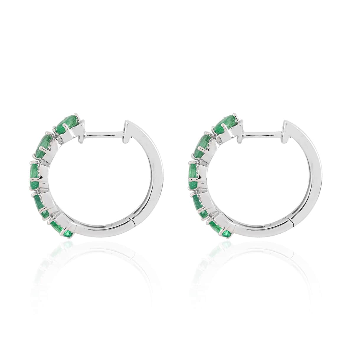 AAA Kagem Zambian Intense Green Emerald and Natural White Zircon Hoop Earrings in Rhodium Over Sterling Silver 2.35 ctw image number 3