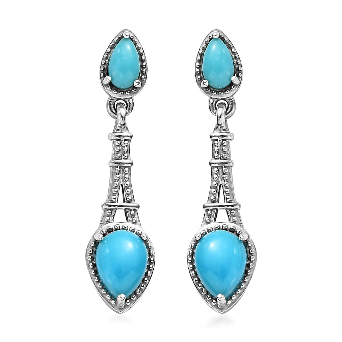 Sleeping Beauty Turquoise Dangling Earrings in Platinum Over Sterling Silver 1.75 ctw