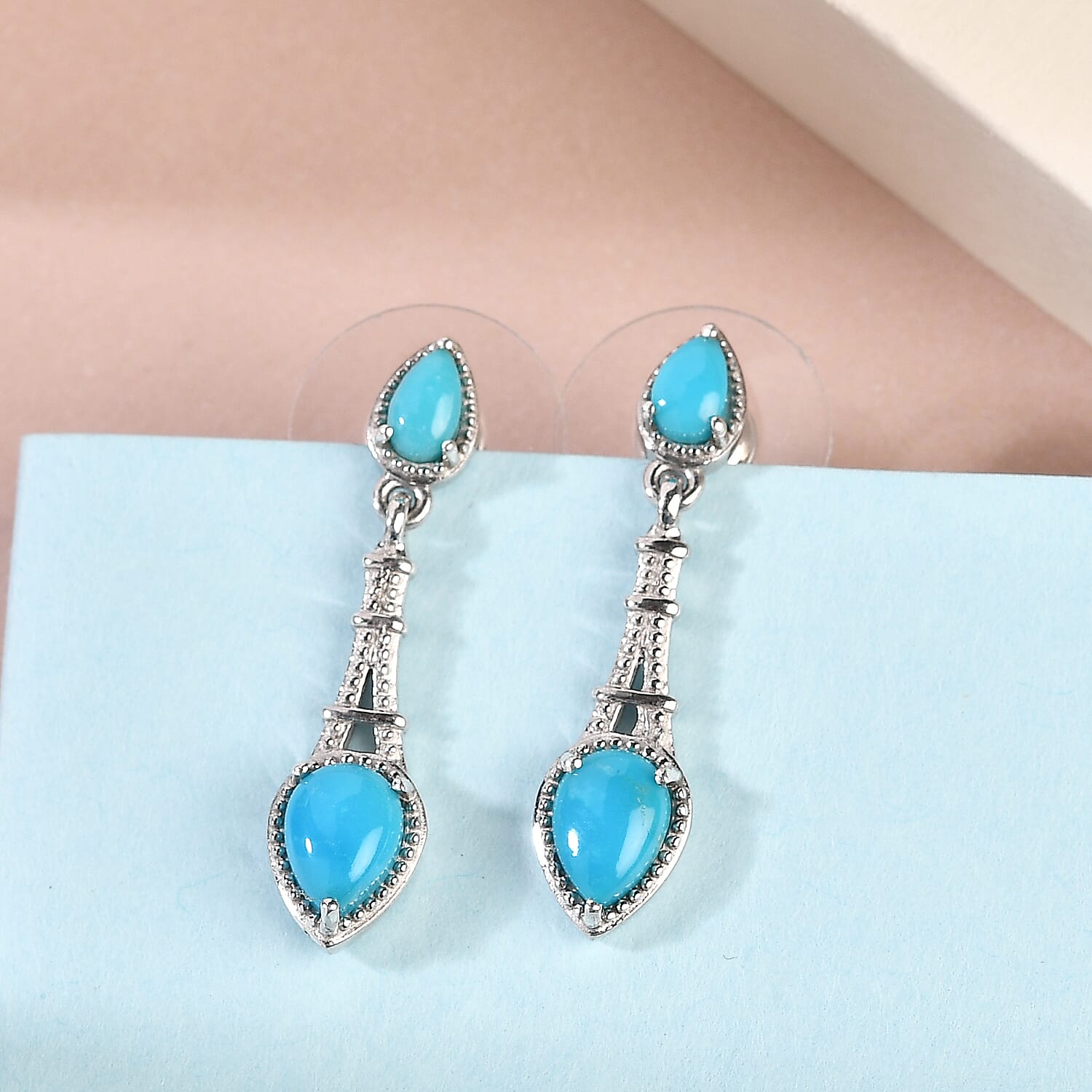 Sleeping Beauty Turquoise Dangling Earrings in Platinum Over Sterling Silver 1.75 ctw