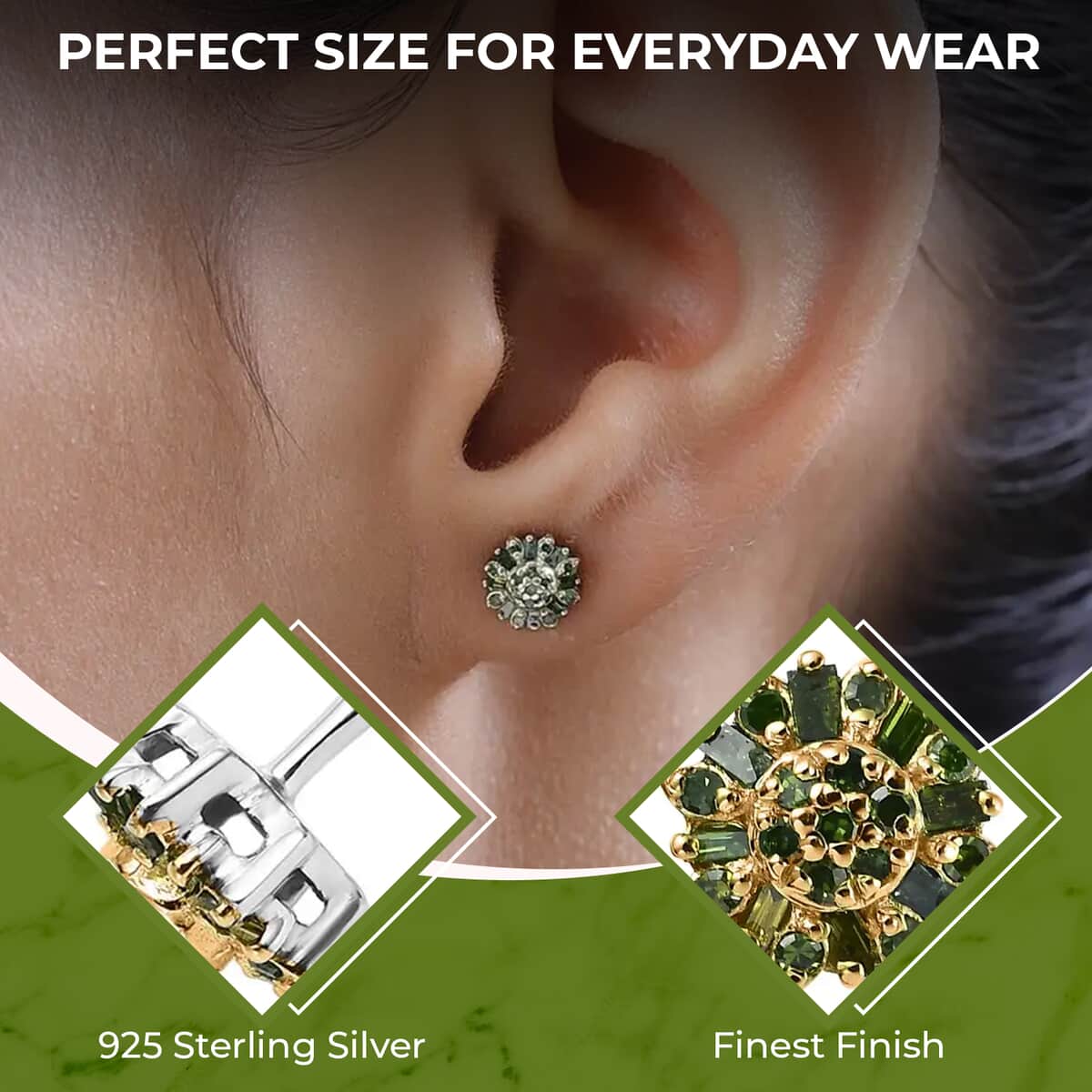 Green Diamond Earrings, Diamond Floral Stud Earrings, Floral Cluster Earrings, Rhodium and Platinum Over Sterling Silver Earrings, Diamond Gifts For Her 0.25 ctw image number 2