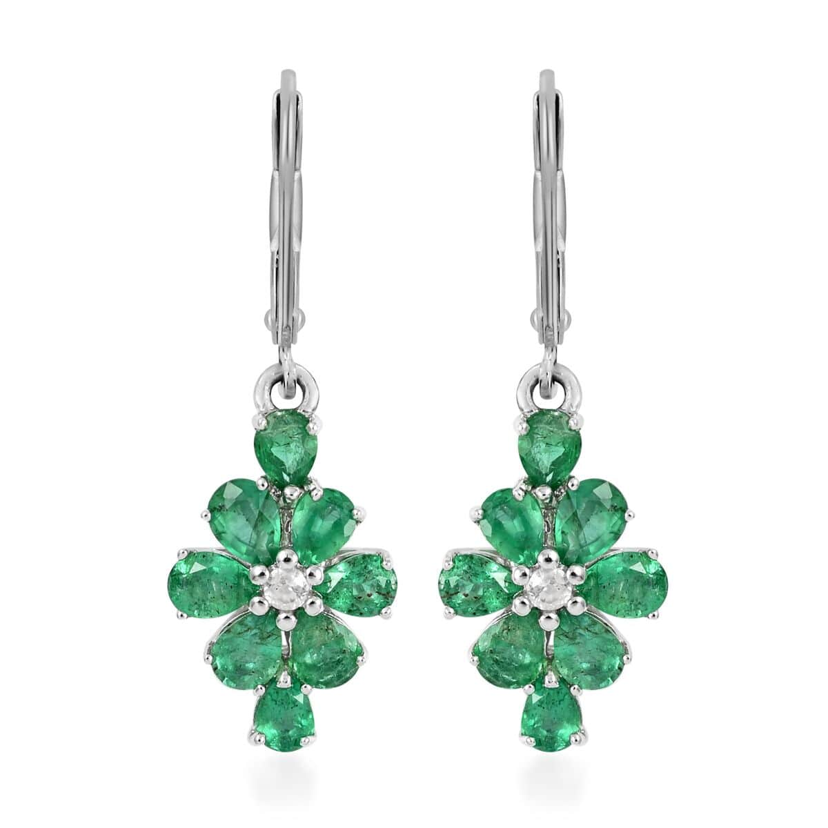 AAA Kagem Zambian Intense Green Emerald and Natural White Zircon Drop Earrings in Rhodium Over Sterling Silver 2.25 ctw image number 0
