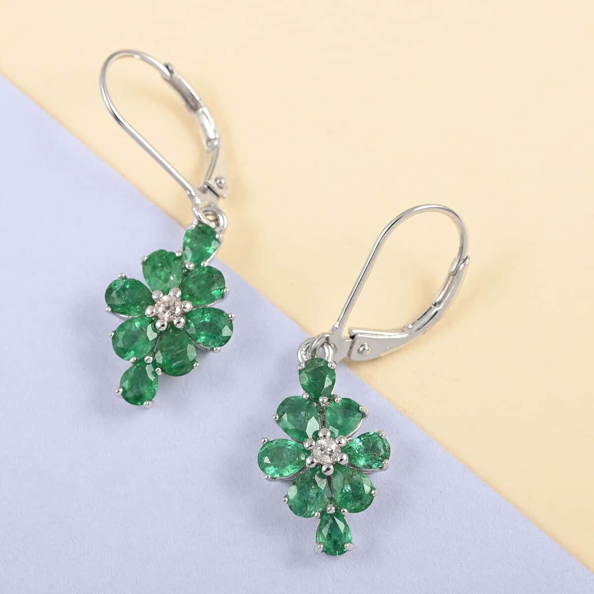 AAA Kagem Zambian Intense Green Emerald and Natural White Zircon Drop Earrings in Rhodium Over Sterling Silver 2.25 ctw image number 1