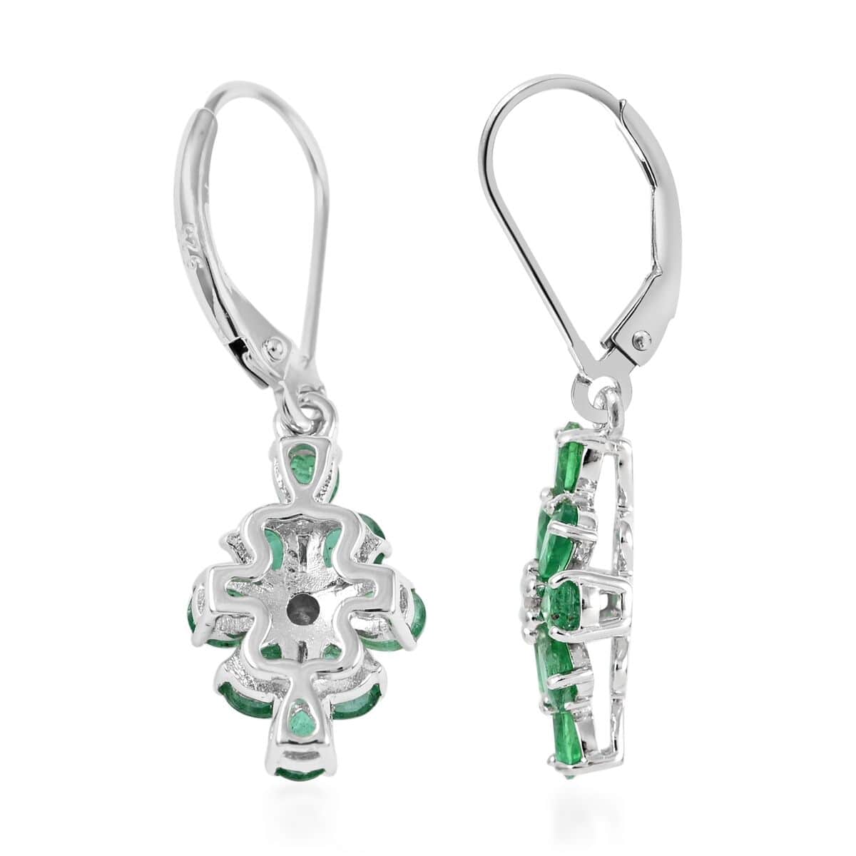 AAA Kagem Zambian Intense Green Emerald and Natural White Zircon Drop Earrings in Rhodium Over Sterling Silver 2.25 ctw image number 3