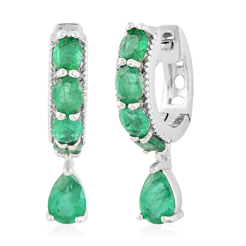 AAA Kagem Emerald Hoop Earrings with Dangle Charm in Rhodium Over Sterling Silver 2.15 ctw