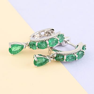 AAA Kagem Emerald Hoop Earrings with Dangle Charm in Rhodium Over Sterling Silver 2.15 ctw