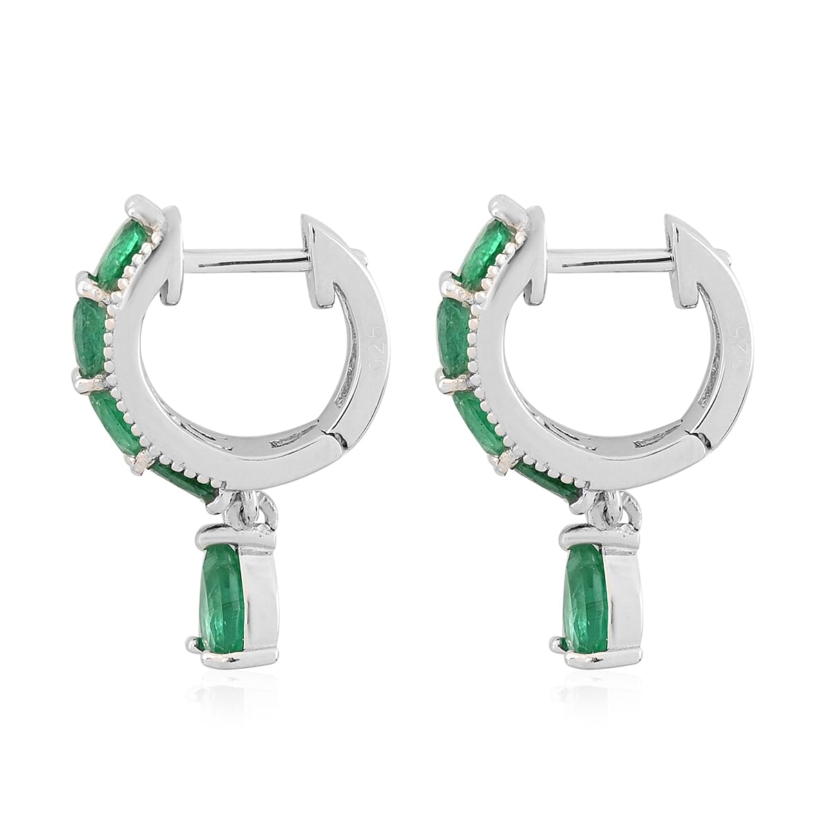 AAA Kagem Emerald Hoop Earrings with Dangle Charm in Rhodium Over Sterling Silver 2.15 ctw image number 3