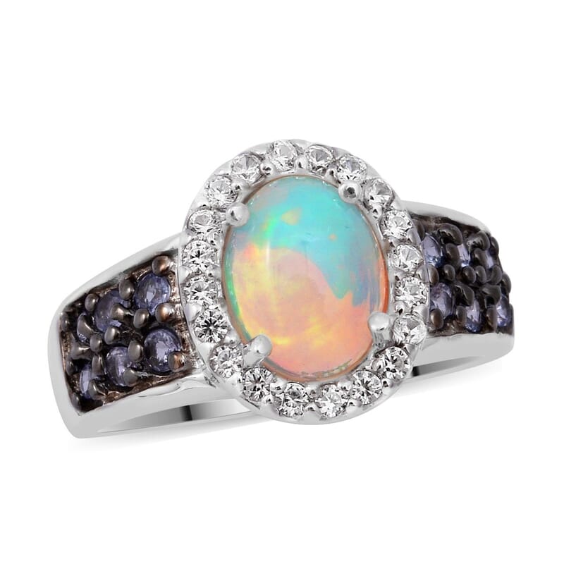 Premium Ethiopian Welo Opal, Tanzanite and White Zircon Ring in Platinum Over Sterling Silver (Size 10.0) 1.85 ctw