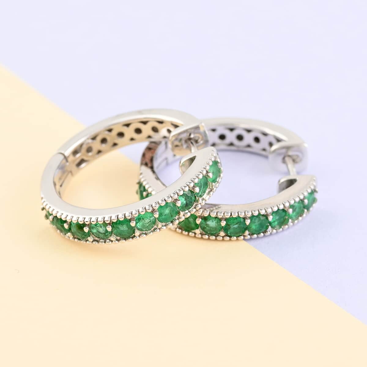 AAA Kagem Emerald Hoop Earrings in Rhodium Over Sterling Silver 1.30 ctw image number 1
