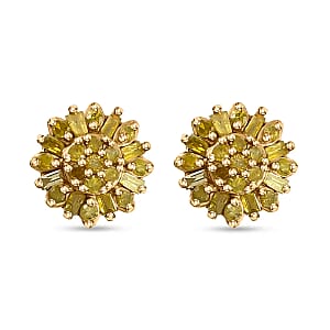 Yellow Diamond Earrings, Diamond Floral Stud Earrings, Floral Cluster Earrings, Yellow Rhodium and Platinum Over Sterling Silver Earrings, Diamond Gifts For Her 0.25 ctw