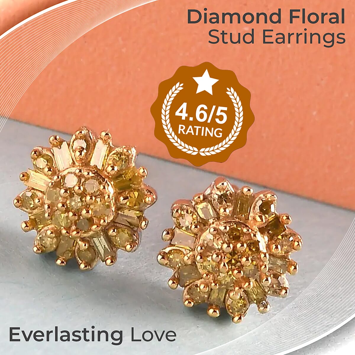 Yellow Diamond Earrings, Diamond Floral Stud Earrings, Floral Cluster Earrings, Yellow Rhodium and Platinum Over Sterling Silver Earrings, Diamond Gifts For Her 0.25 ctw image number 1