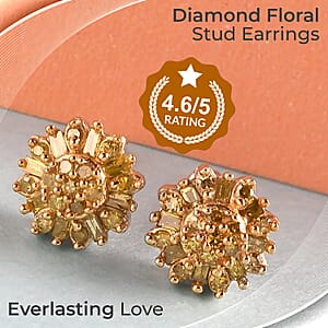 Yellow Diamond Earrings, Diamond Floral Stud Earrings, Floral Cluster Earrings, Yellow Rhodium and Platinum Over Sterling Silver Earrings, Diamond Gifts For Her 0.25 ctw