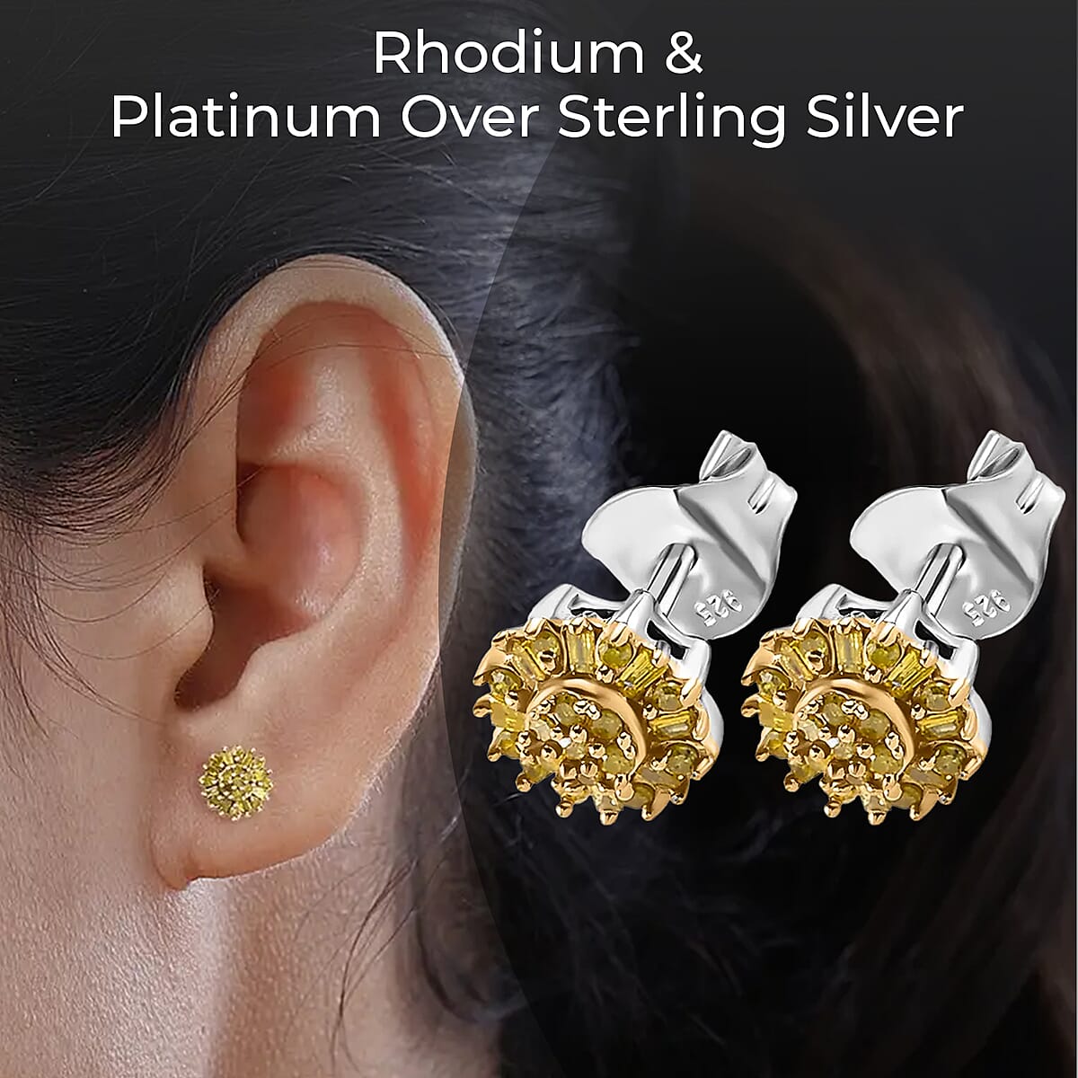 Yellow Diamond Earrings, Diamond Floral Stud Earrings, Floral Cluster Earrings, Yellow Rhodium and Platinum Over Sterling Silver Earrings, Diamond Gifts For Her 0.25 ctw image number 2