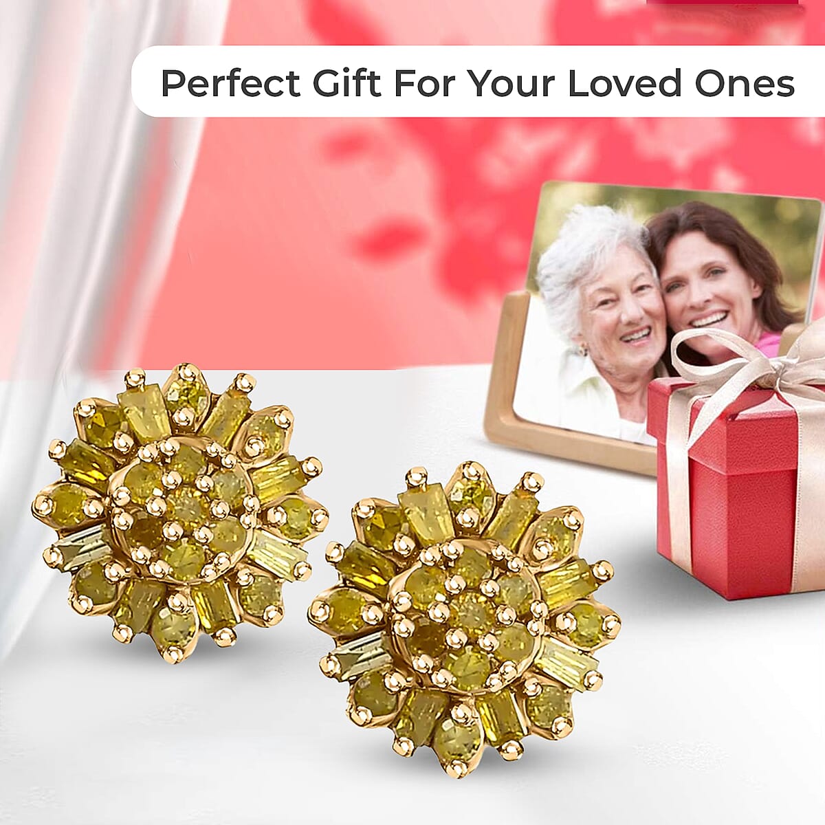 Yellow Diamond Earrings, Diamond Floral Stud Earrings, Floral Cluster Earrings, Yellow Rhodium and Platinum Over Sterling Silver Earrings, Diamond Gifts For Her 0.25 ctw image number 3