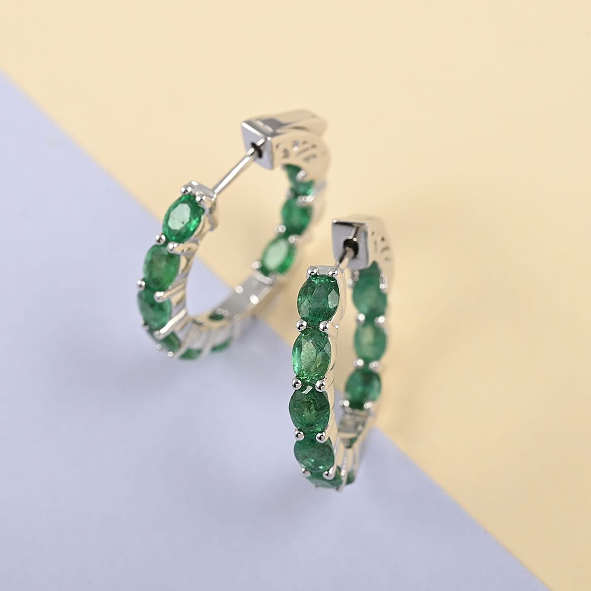 AAA Kagem Emerald Hoop Earrings in Rhodium Over Sterling Silver 3.00 ctw image number 1