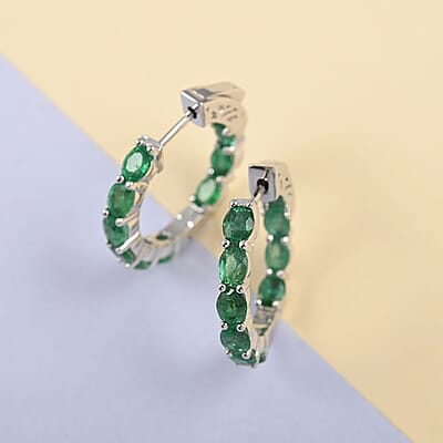 AAA Kagem Emerald Hoop Earrings in Rhodium Over Sterling Silver 3.00 ctw