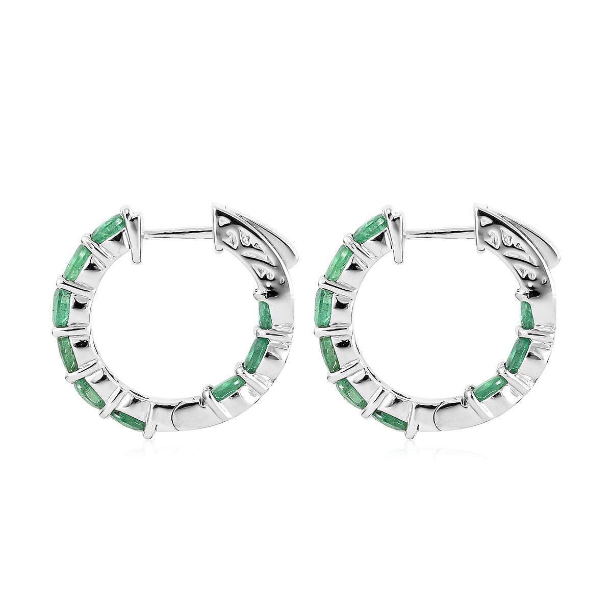 AAA Kagem Emerald Hoop Earrings in Rhodium Over Sterling Silver 3.00 ctw image number 3