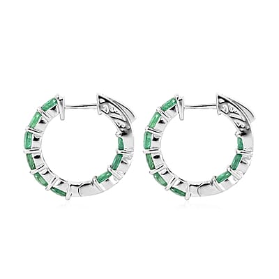 AAA Kagem Emerald Hoop Earrings in Rhodium Over Sterling Silver 3.00 ctw
