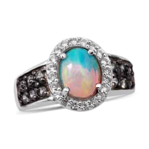 Premium Ethiopian Welo Opal, Green Sapphire and White Zircon Ring in Platinum Over Sterling Silver (Size 6.0) 2.00 ctw